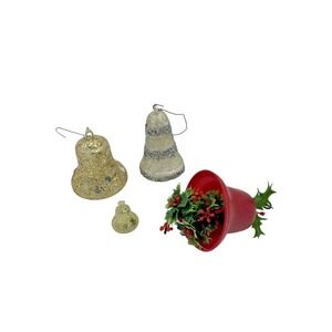 Vintage Lot of 4  MCM Christmas Ornament Bells Mica‎ Glitter Plastic Holly